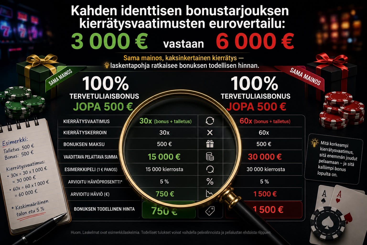 Kahden identtisen bonustarjouksen kierrätysvaatimusten eurovertailu: 3 000 € vastaan 6 000 €