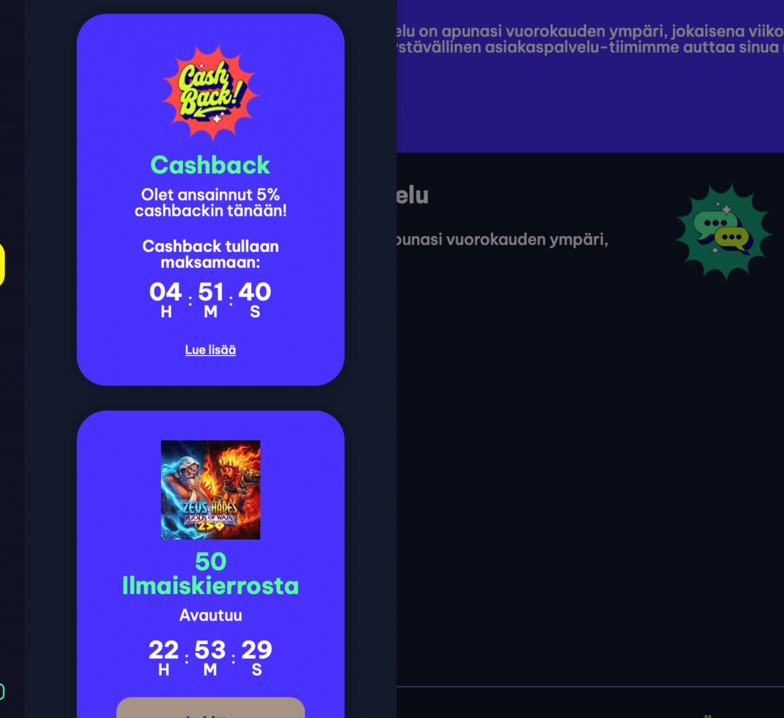 Viikoittainen cashback-hyvitys ilmestyy pelaajan tilille maanantaina nettitappioiden perusteella