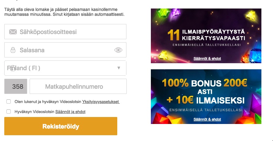 Suomalainen pelaaja rekisteröitymässä nettikasinolle mobiililaitteella ilmaisbonuksen lunastamiseksi