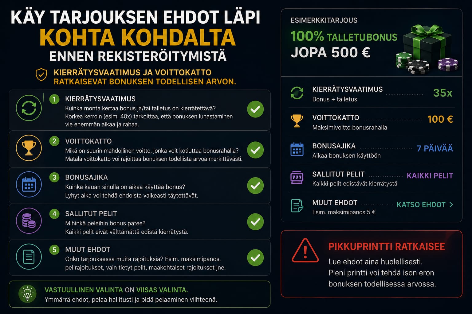 Tarkistuslista ilmaisbonuksen ehtojen arviointiin: kierrätysvaatimus, voittokatto, aikaraja ja pelirajoitukset