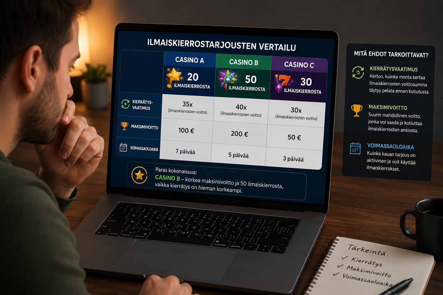 Pelaaja vertailee ilmaiskierrostarjousten ehtoja: kierrätysvaatimus, maksimivoitto ja voimassaoloaika