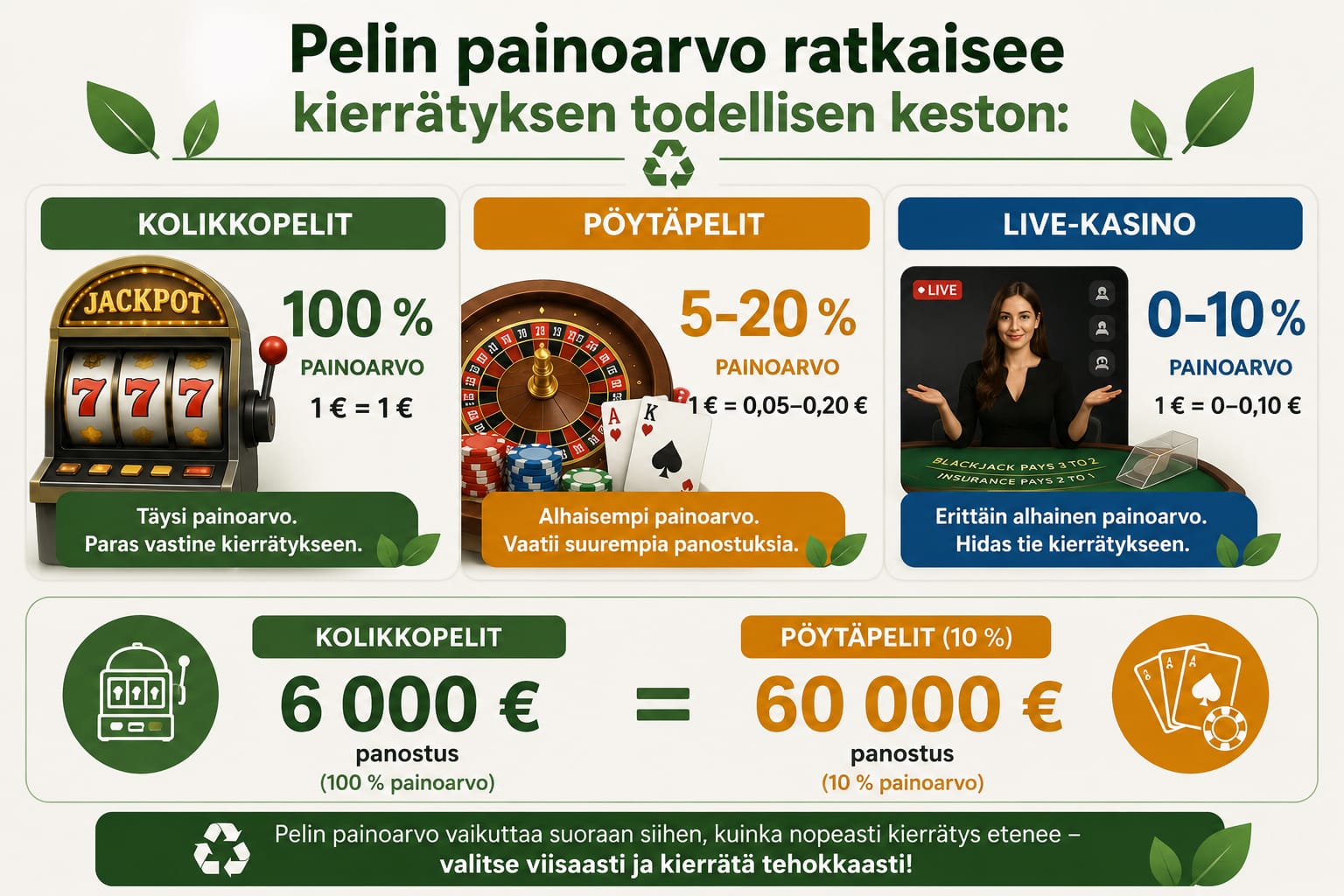 Pelien painoarvot kierrätyksessä: kolikkopelit 100 %, pöytäpelit 5–20 %, live-kasino 0–10 %