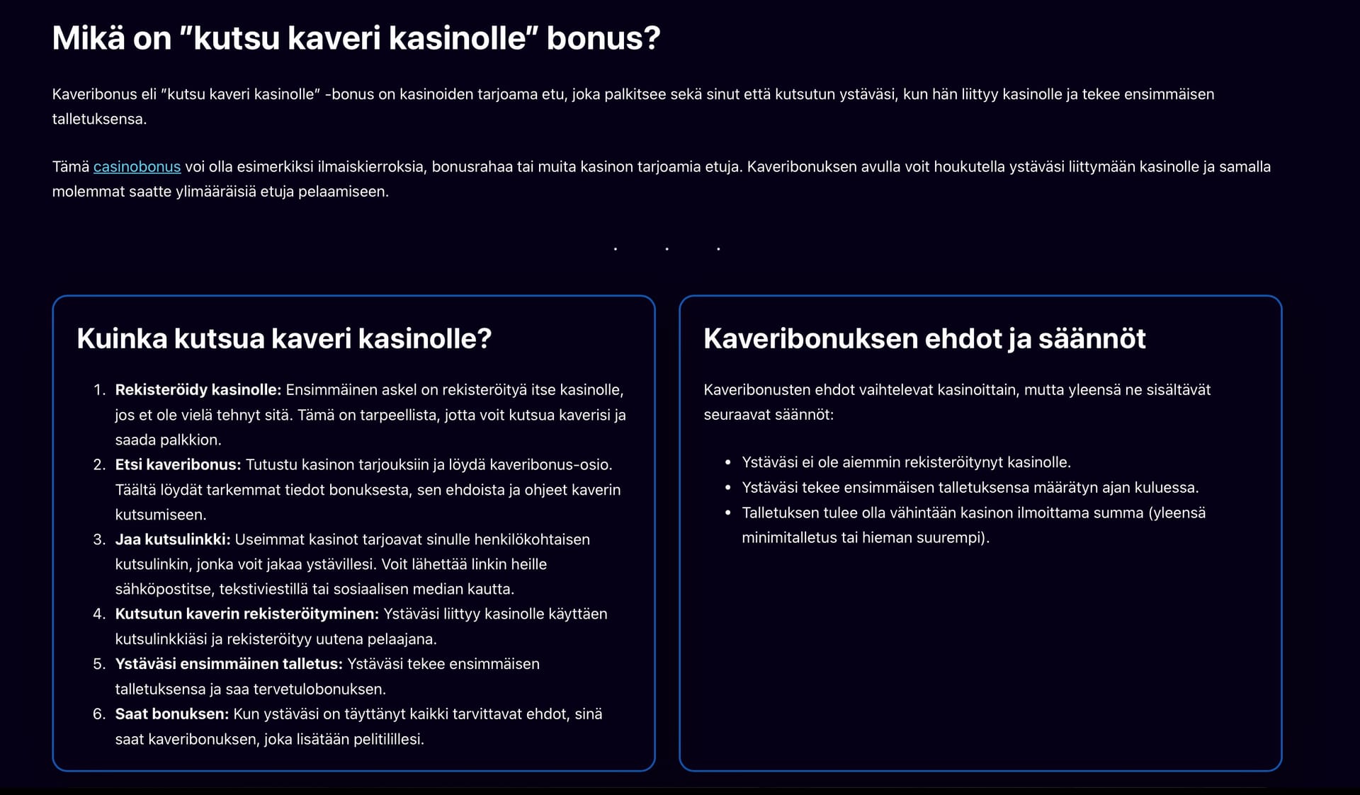 Kuvakaappaus kasinon kutsu kaveri -sivulta, jossa näkyy henkilökohtainen suosittelulinkki