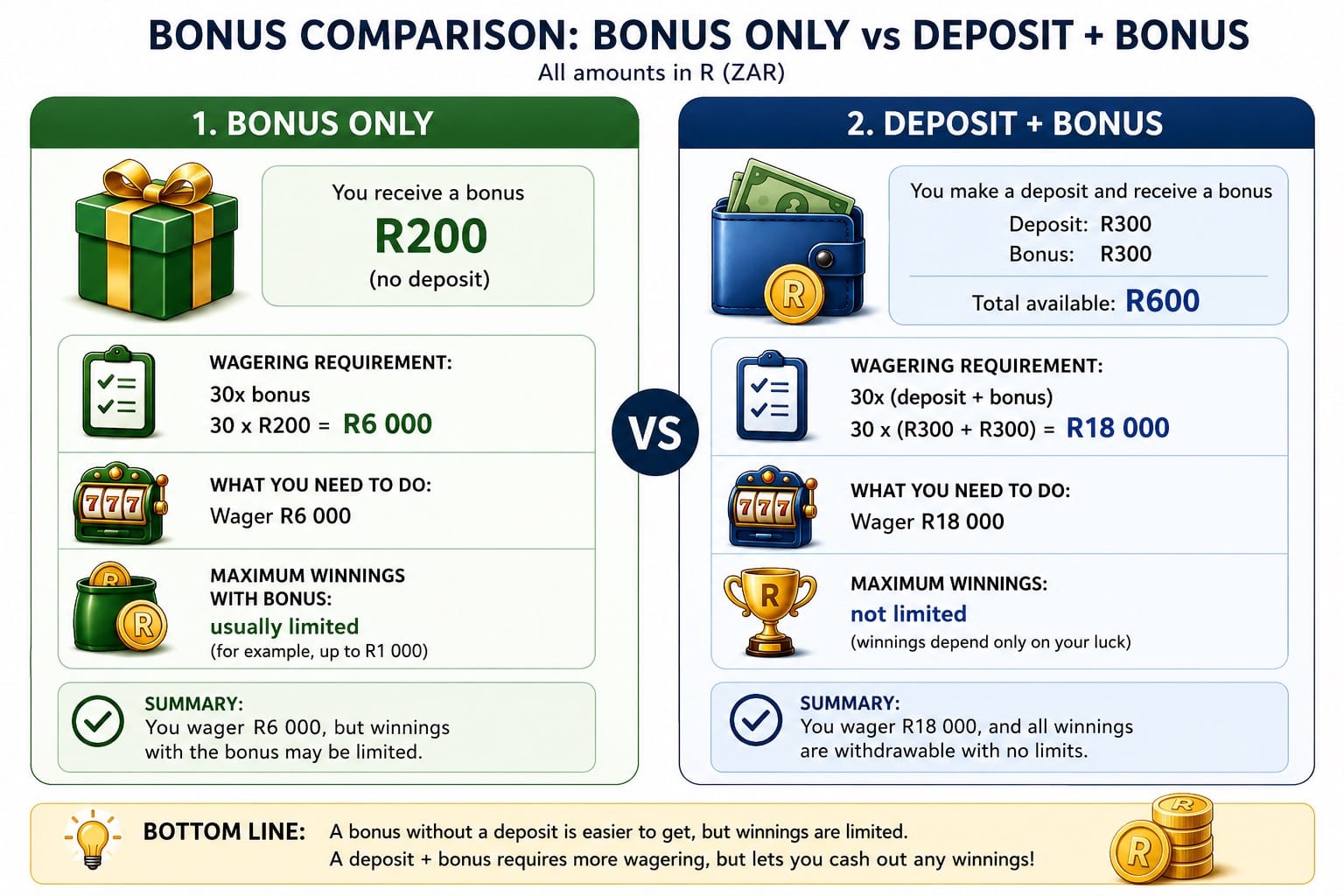 Illustration comparing bonus-only versus deposit-plus-bonus wagering in rand