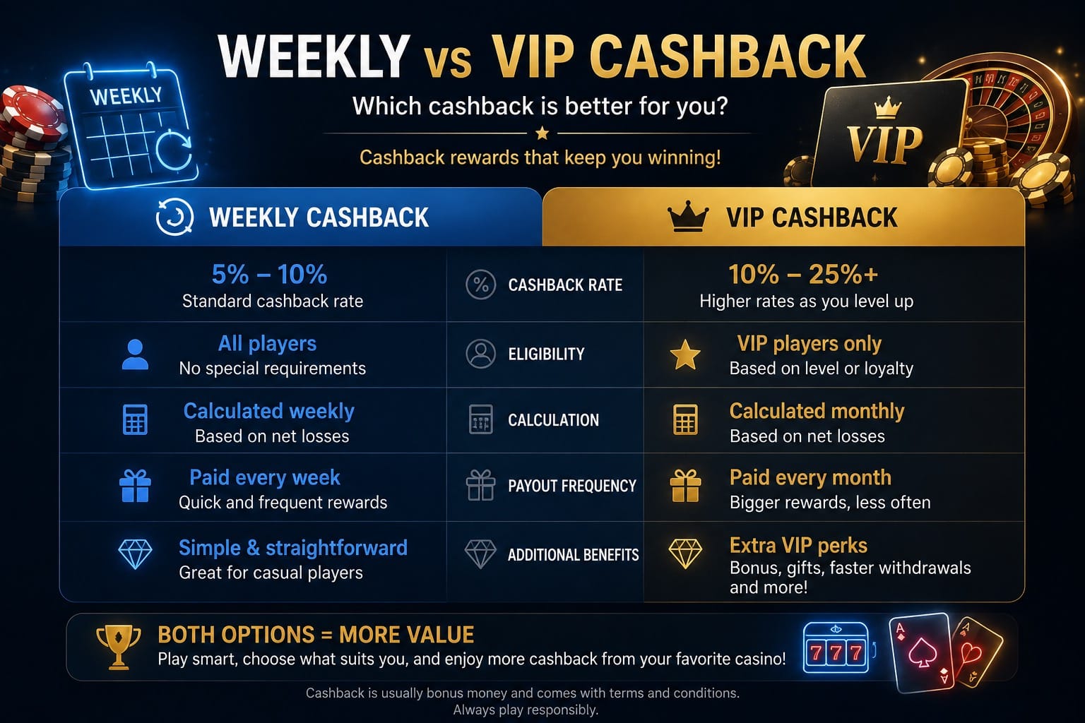 Weekly versus VIP cashback comparison for online casinos