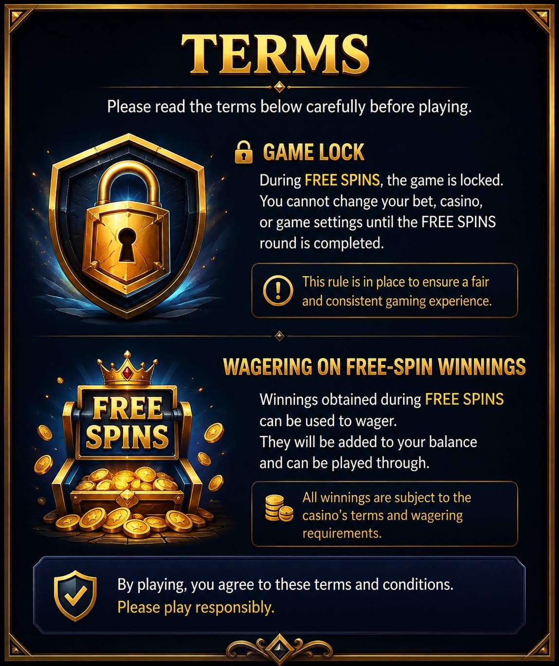 Terms highlighting game lock and wagering on free-spin winnings