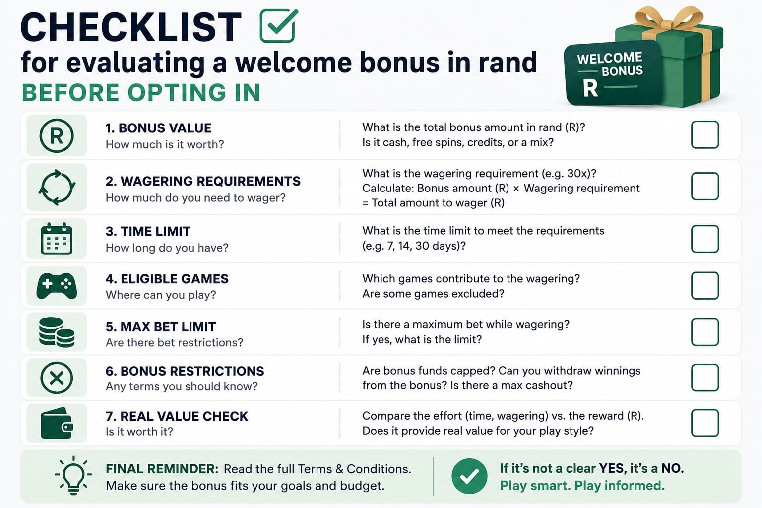 Checklist for evaluating a welcome bonus in rand before opting in