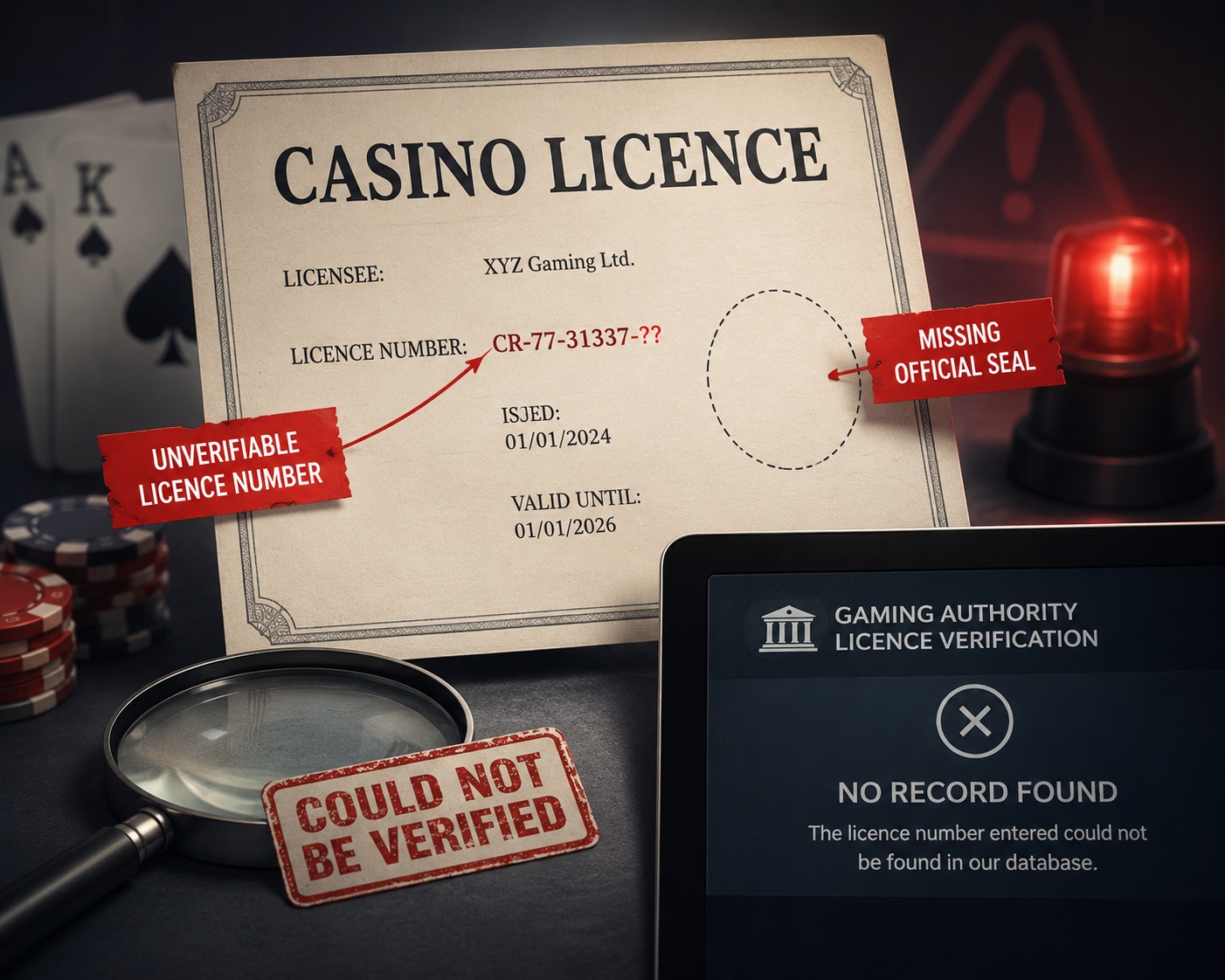 Editorial illustration of casino licence red flags — missing seal, unverifiable number