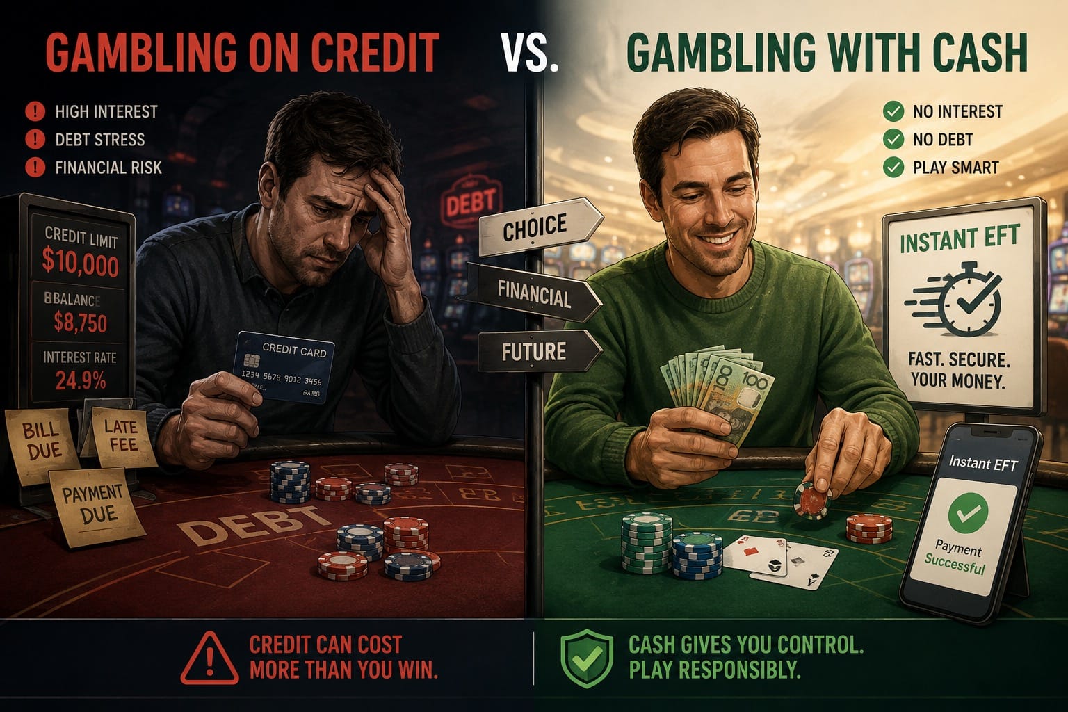 Editorial illustration of gambling on credit versus cash Instant EFT