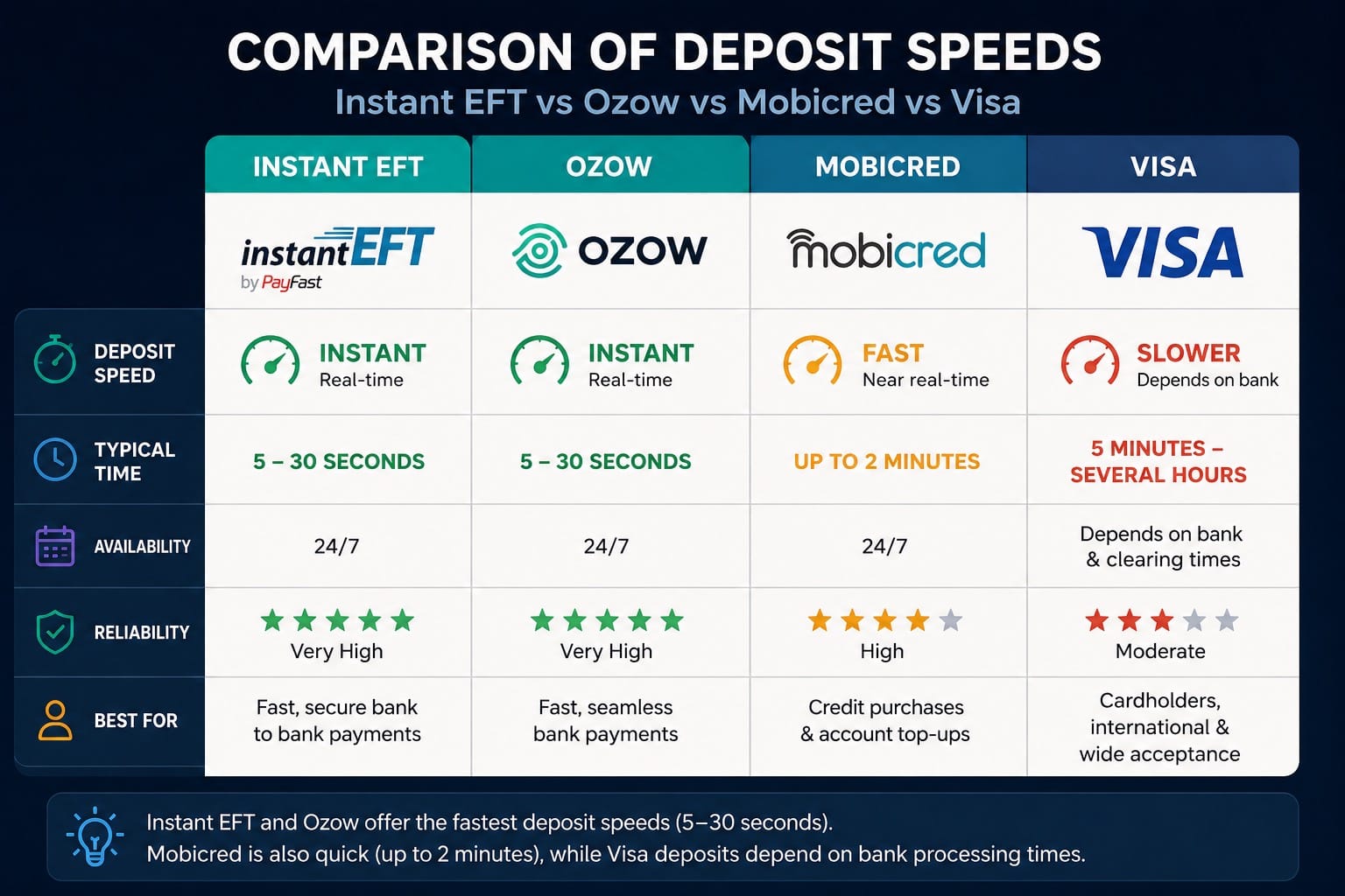 Comparison of Instant EFT, Ozow, Mobicred, and Visa deposit speeds