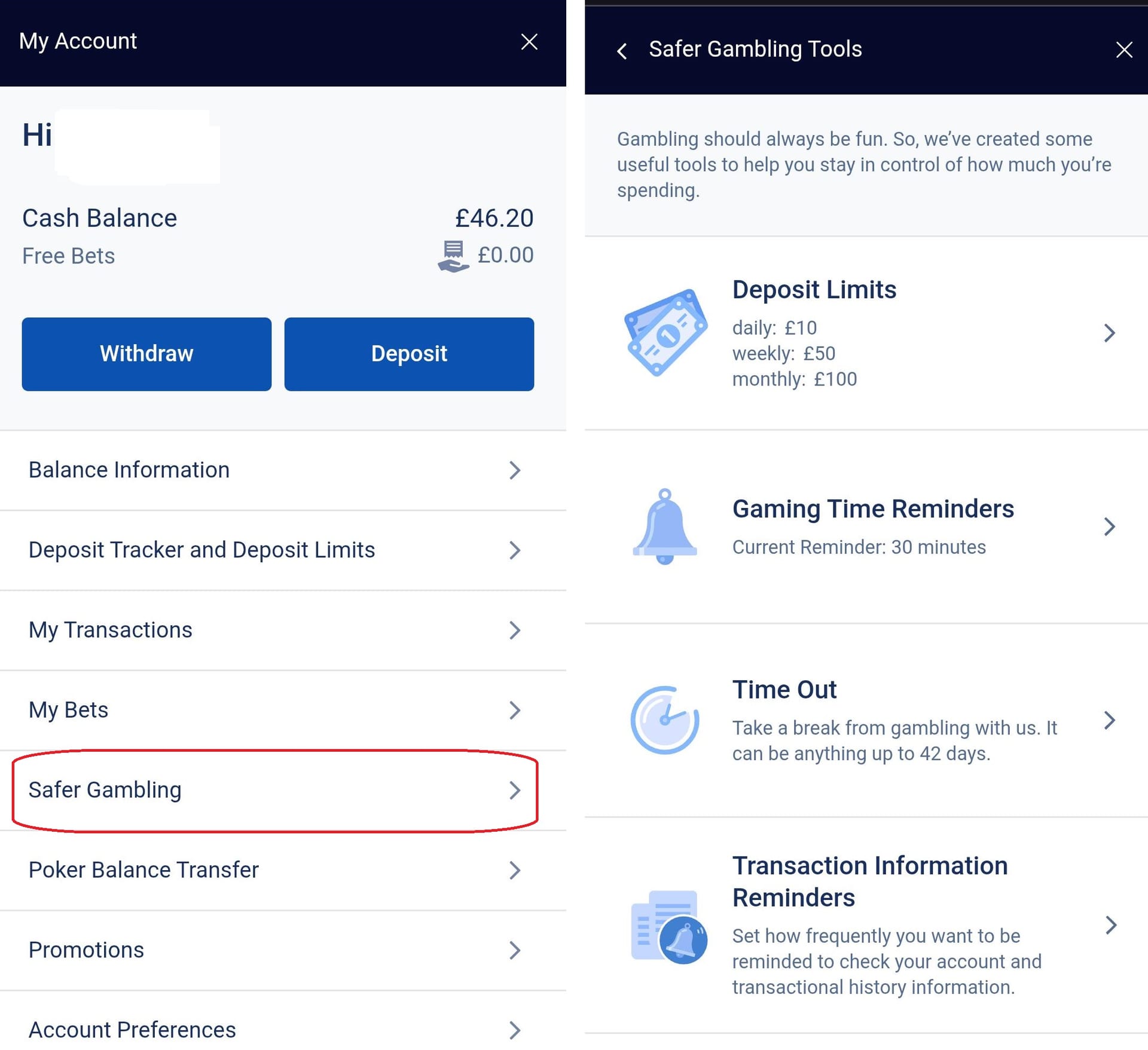 Casino account screen highlighting deposit and session limit controls