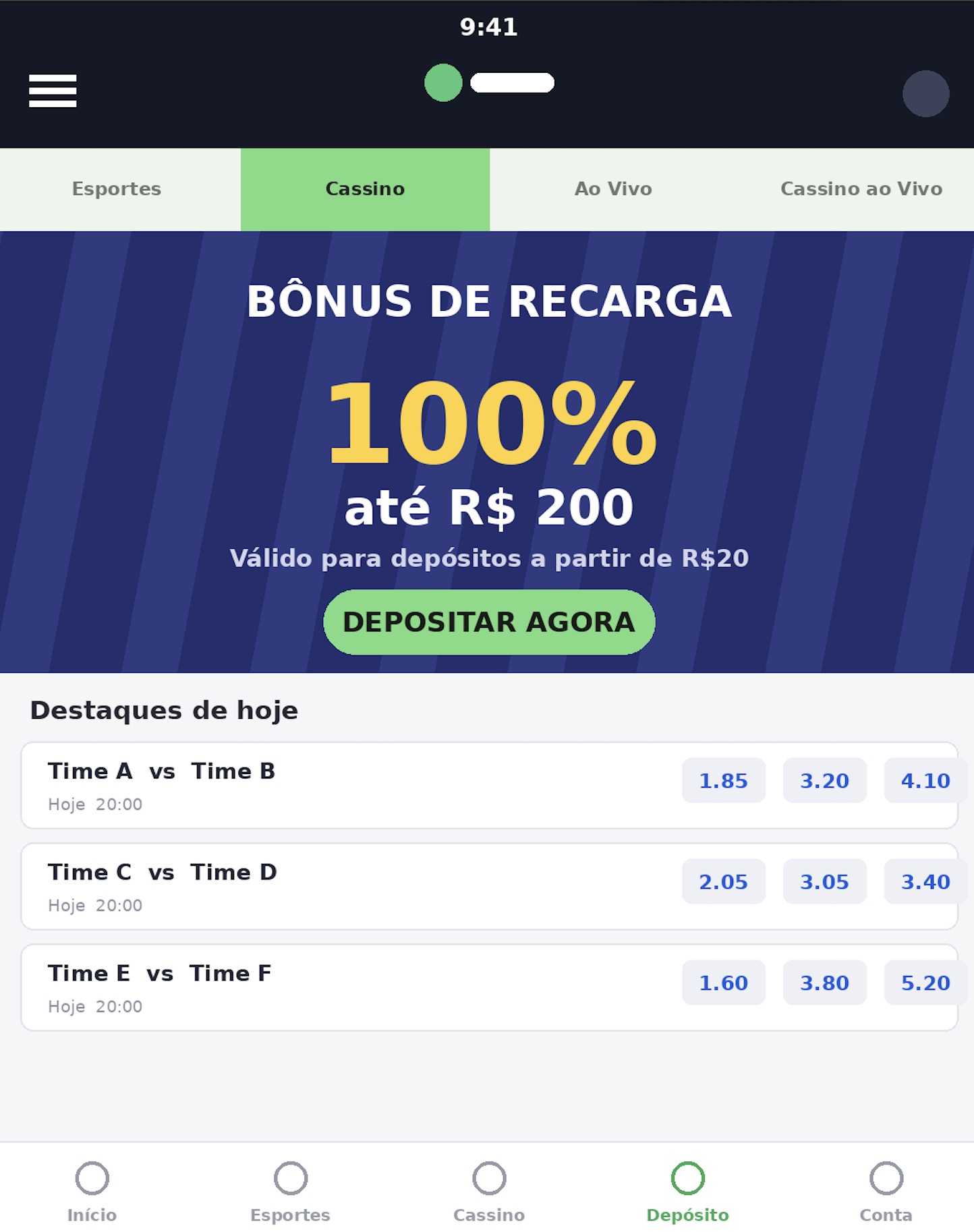 Tela de smartphone exibindo uma oferta de bônus de recarga de 100% até R$200 em uma casa de apostas brasileira
