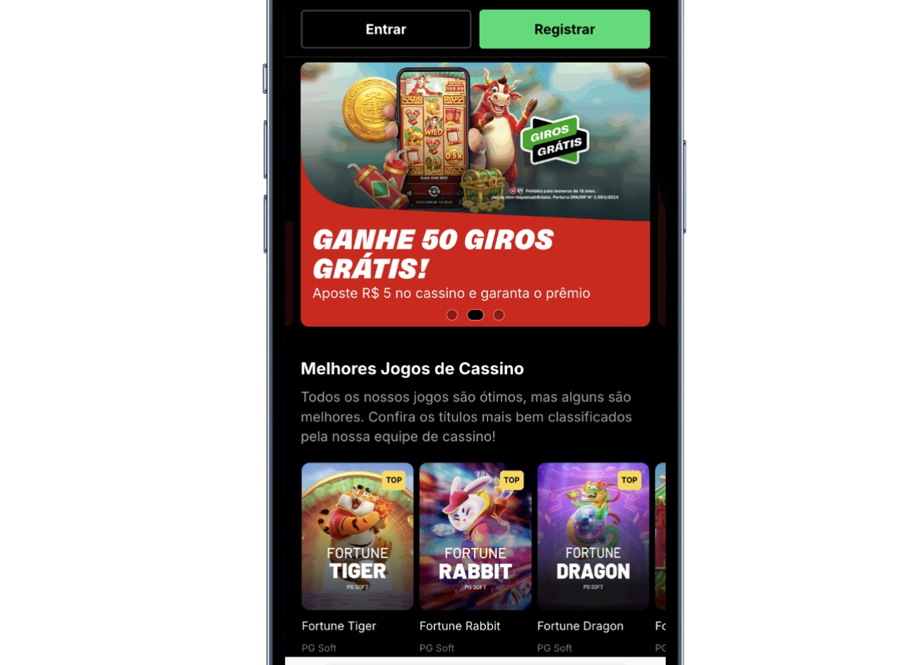 Tela de smartphone exibindo a promoção 50 rodadas grátis no cadastro em um cassino online brasileiro