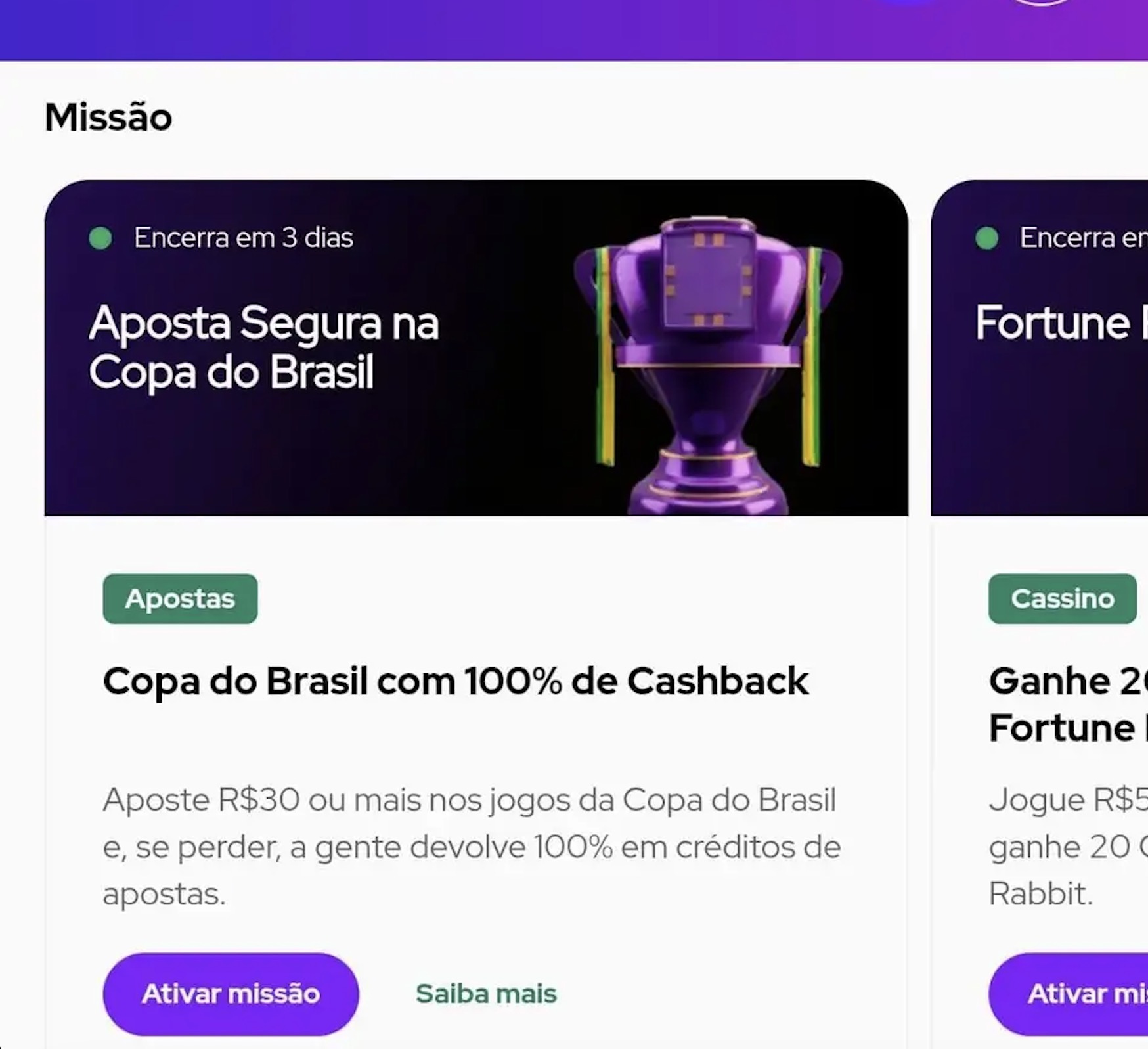 Tela de celular exibindo oferta de cashback em uma casa de apostas brasileira