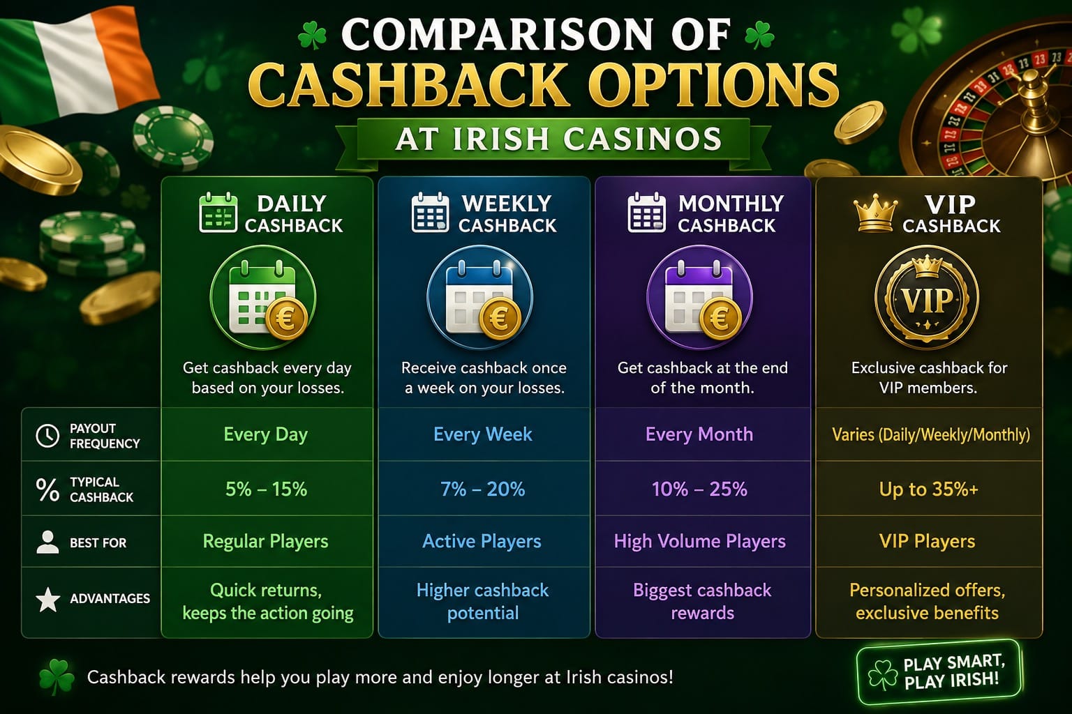 Comparison of daily, weekly, monthly, and VIP cashback options at Irish casinos