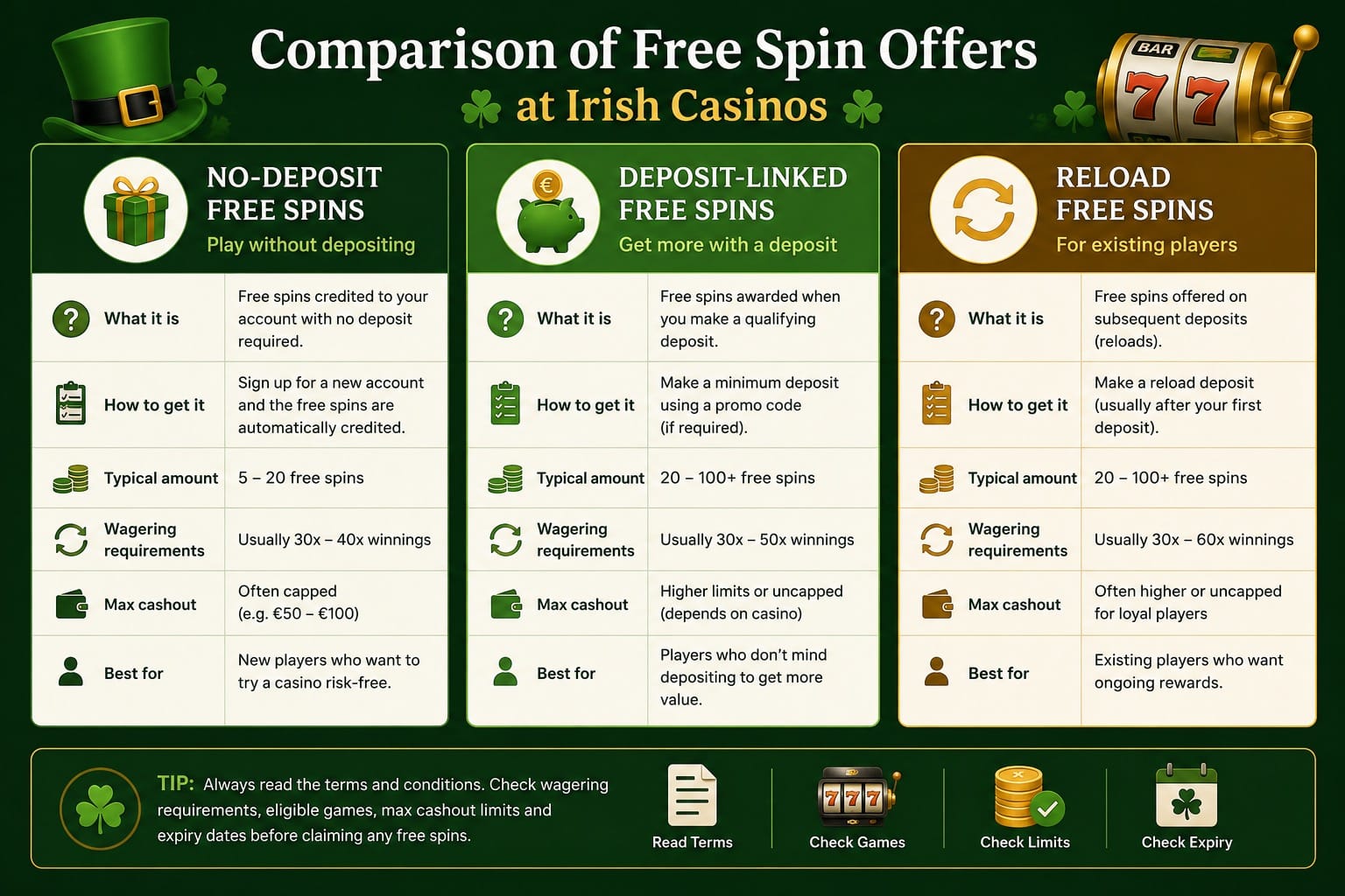 Comparison of no-deposit, deposit-linked, and reload free spin offers at Irish casinos