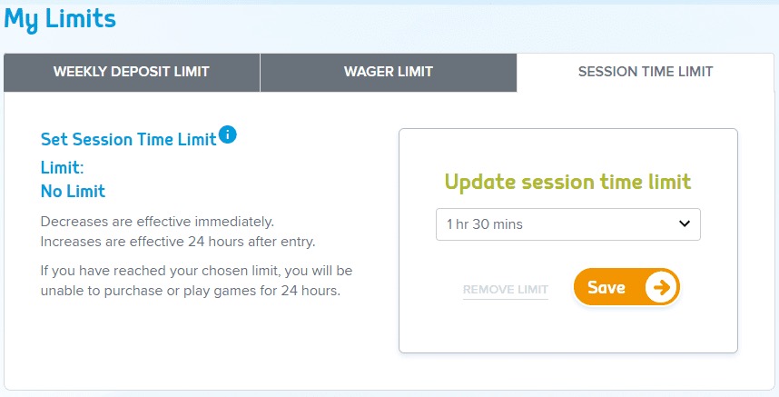 Player setting a session time limit on an Irish casino app before using free spins