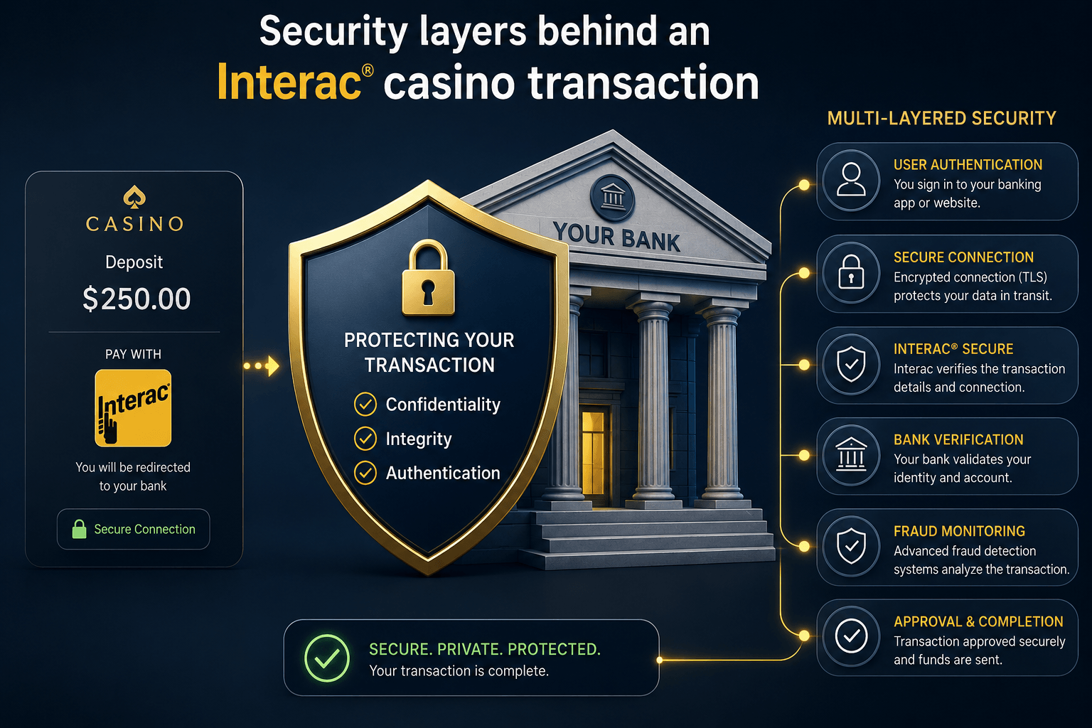 Security layers behind an Interac casino transaction — shield and bank building illustration