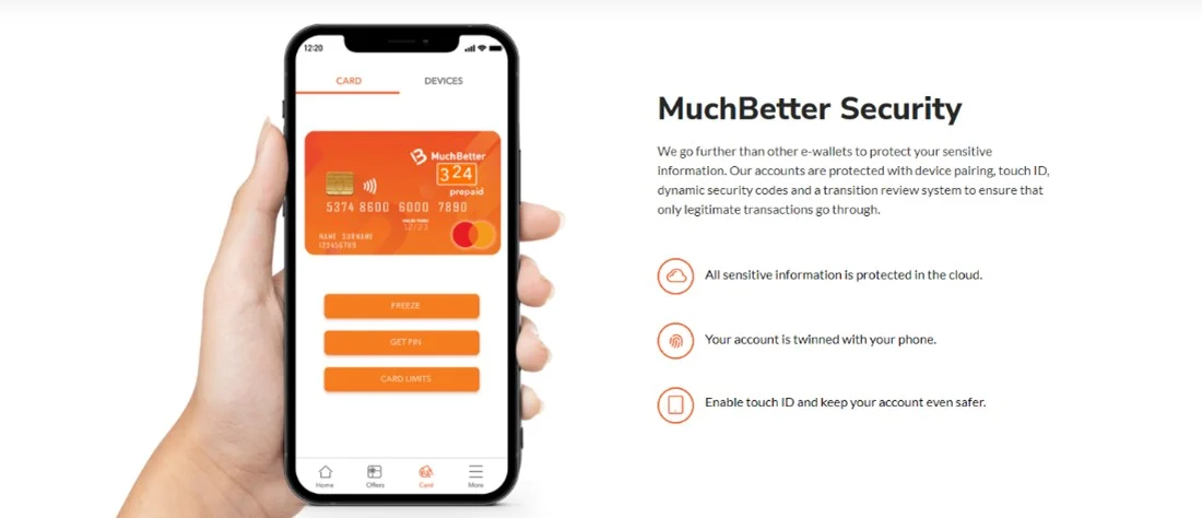 MuchBetter security features — dynamic CVV, biometric login, device pairing