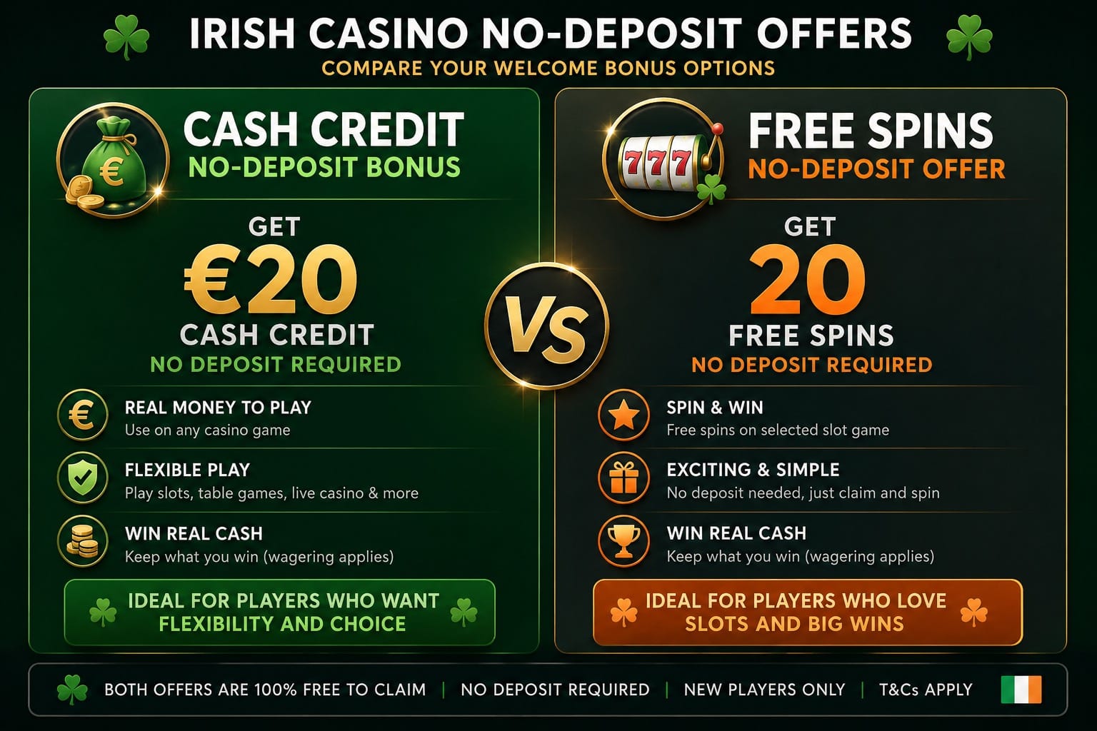 Side-by-side comparison of a cash credit no-deposit bonus and a free spins no-deposit offer at an Irish casino