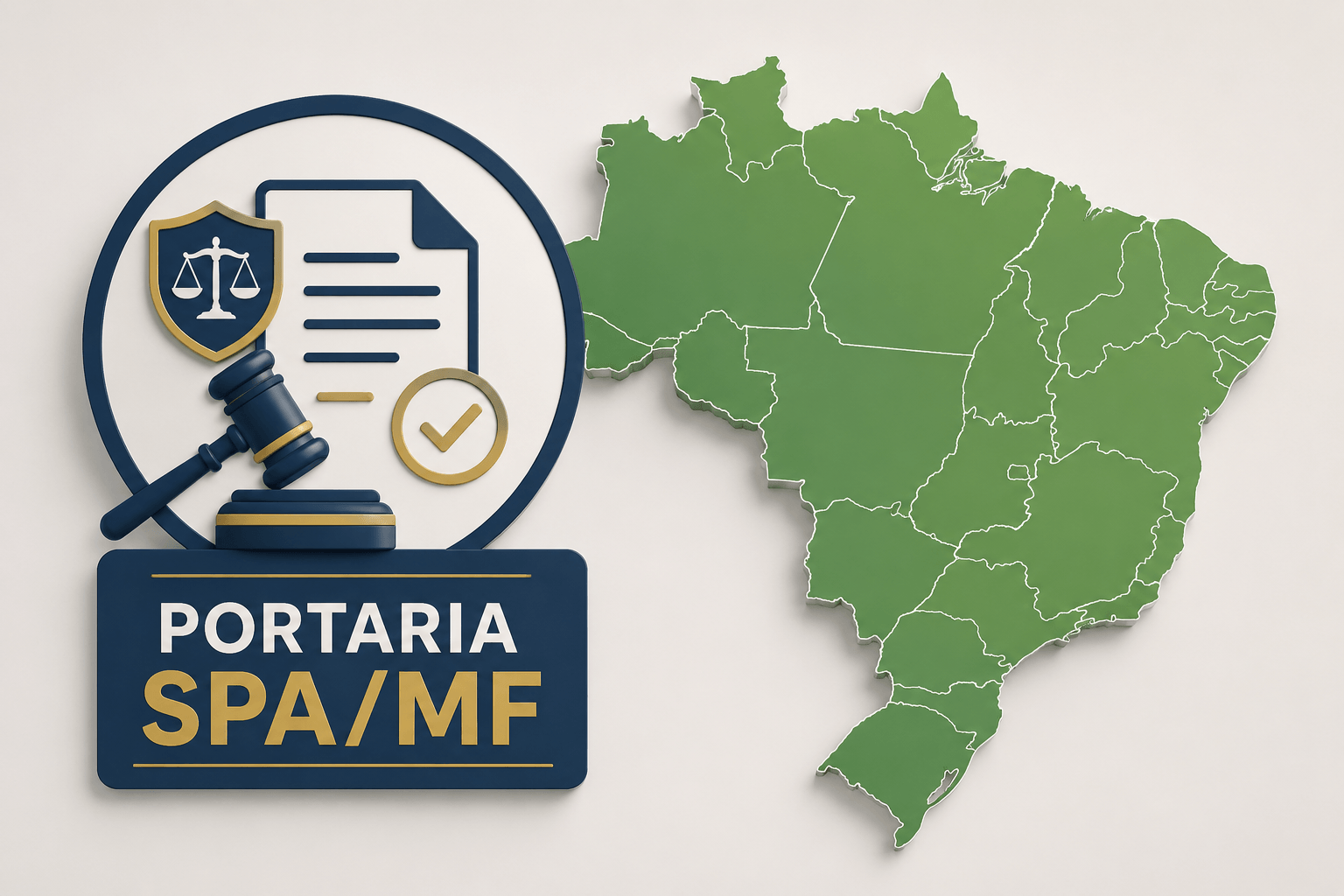 Ícone de regulamentação ao lado do mapa do Brasil, representando a Portaria SPA/MF
