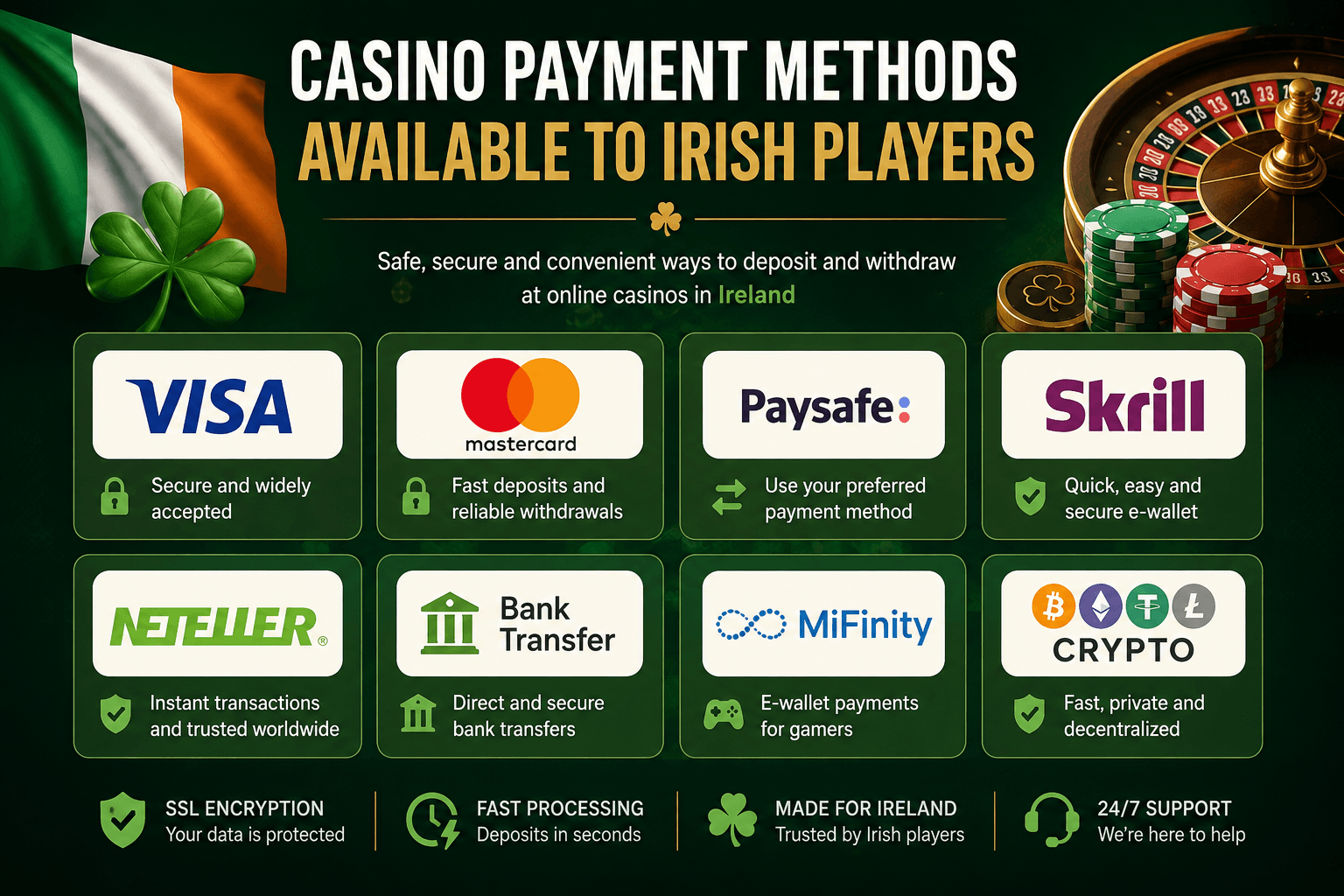 Casino payment methods available to Irish players
