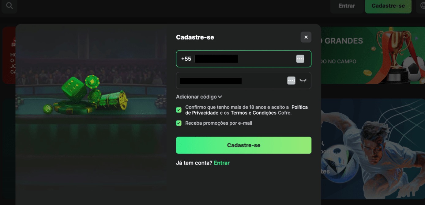 Tela de celular exibindo 50 rodadas grátis no cadastro em um cassino online brasileiro