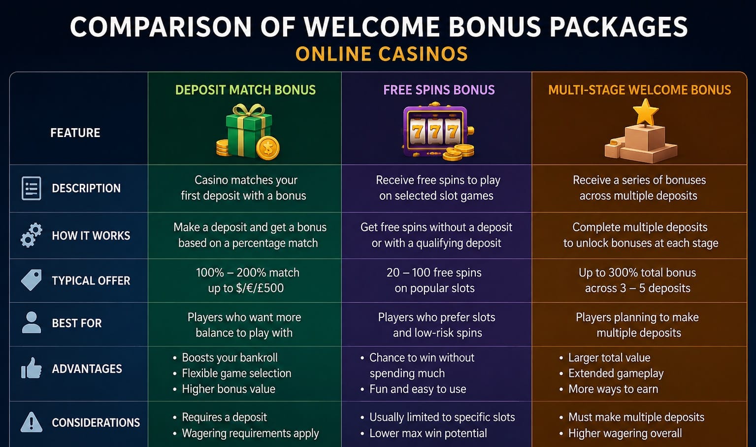 Comparison of deposit match, free spins, and multi-stage welcome bonus packages at online casinos