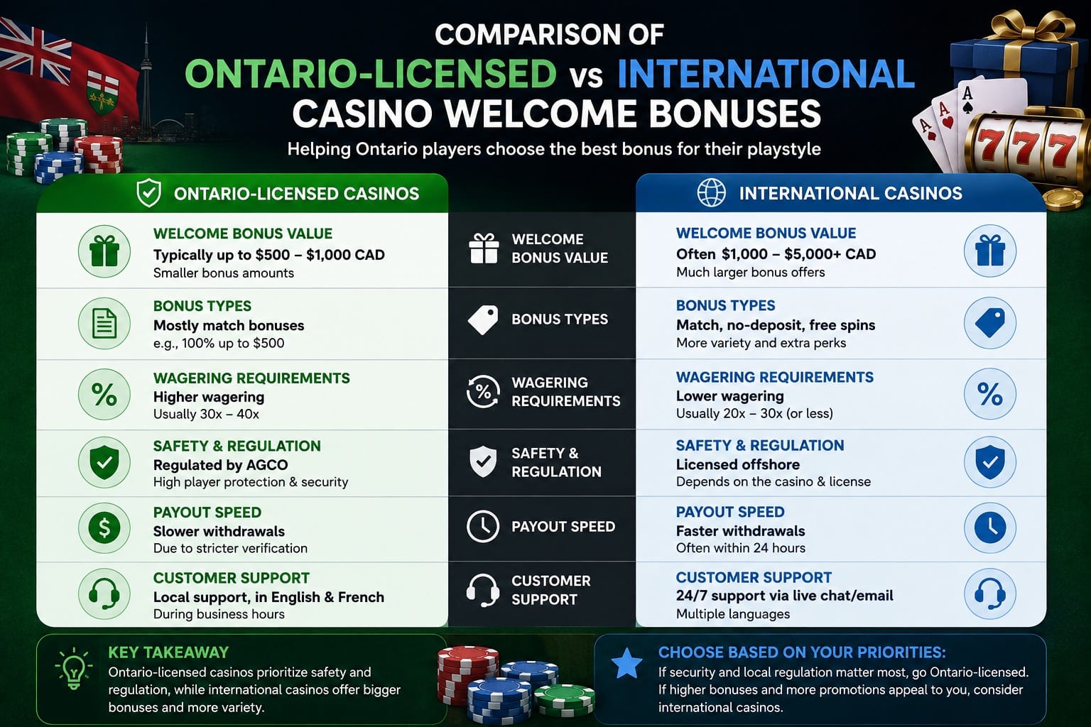 Comparison of Ontario-licensed and international casino welcome bonuses